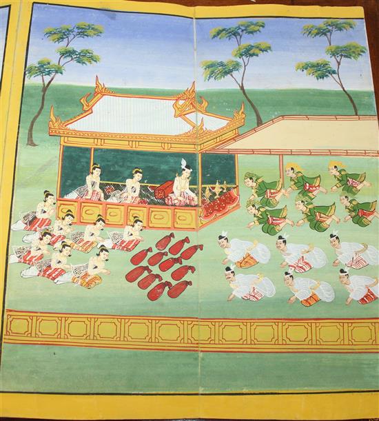 A Burmese parabaik (folding book), painting on card, late 19th century, 41 x 18cm when closed